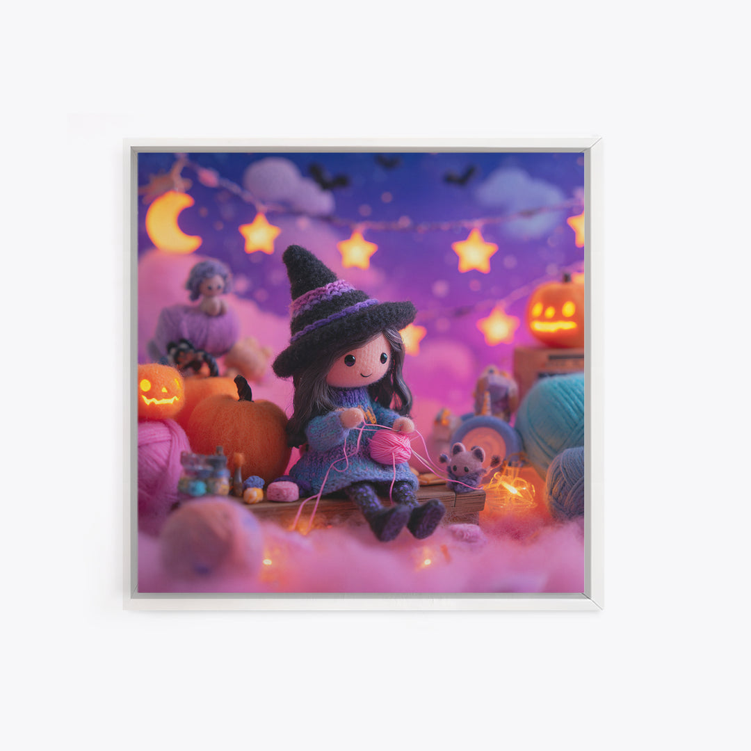 The Tiny Hat Shop Witch, Synthwave Halloween Art, Square Wall Art, Framed Canvas Print, Retro Halloween Decor, Neon Wall Art