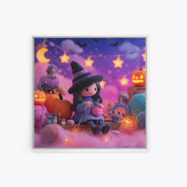 The Tiny Hat Shop Witch, Synthwave Halloween Art, Square Wall Art, Framed Canvas Print, Retro Halloween Decor, Neon Wall Art