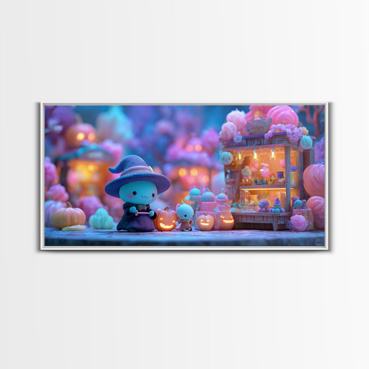 The Tiny Hat Shop Witch, Retro Neon Halloween Art, Wide Panoramic Art, Framed Canvas Print, Retro Halloween Decor, Neon Wall Art