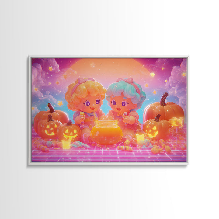 The Pumpkin Potion Twins, Cute Spooky Neon Art, Landscape Wall Art, Canvas Print, Retro Halloween Decor, Neon Wall Art