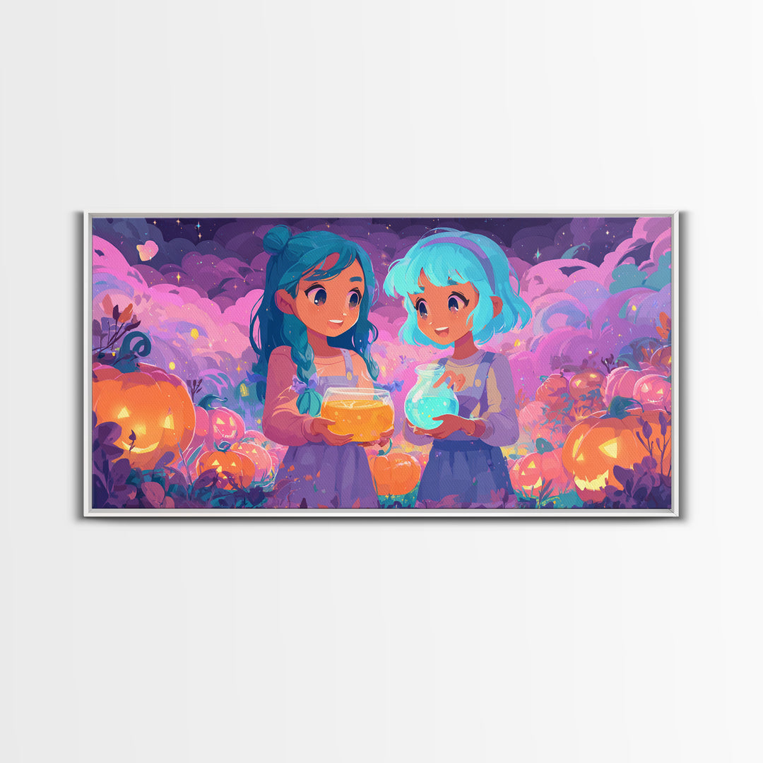 The Pumpkin Potion Twins, 80s Halloween Wall Art, Wide Panoramic Art, Canvas Print, Retro Halloween Decor, Neon Wall Art, Spooky Wall Decor