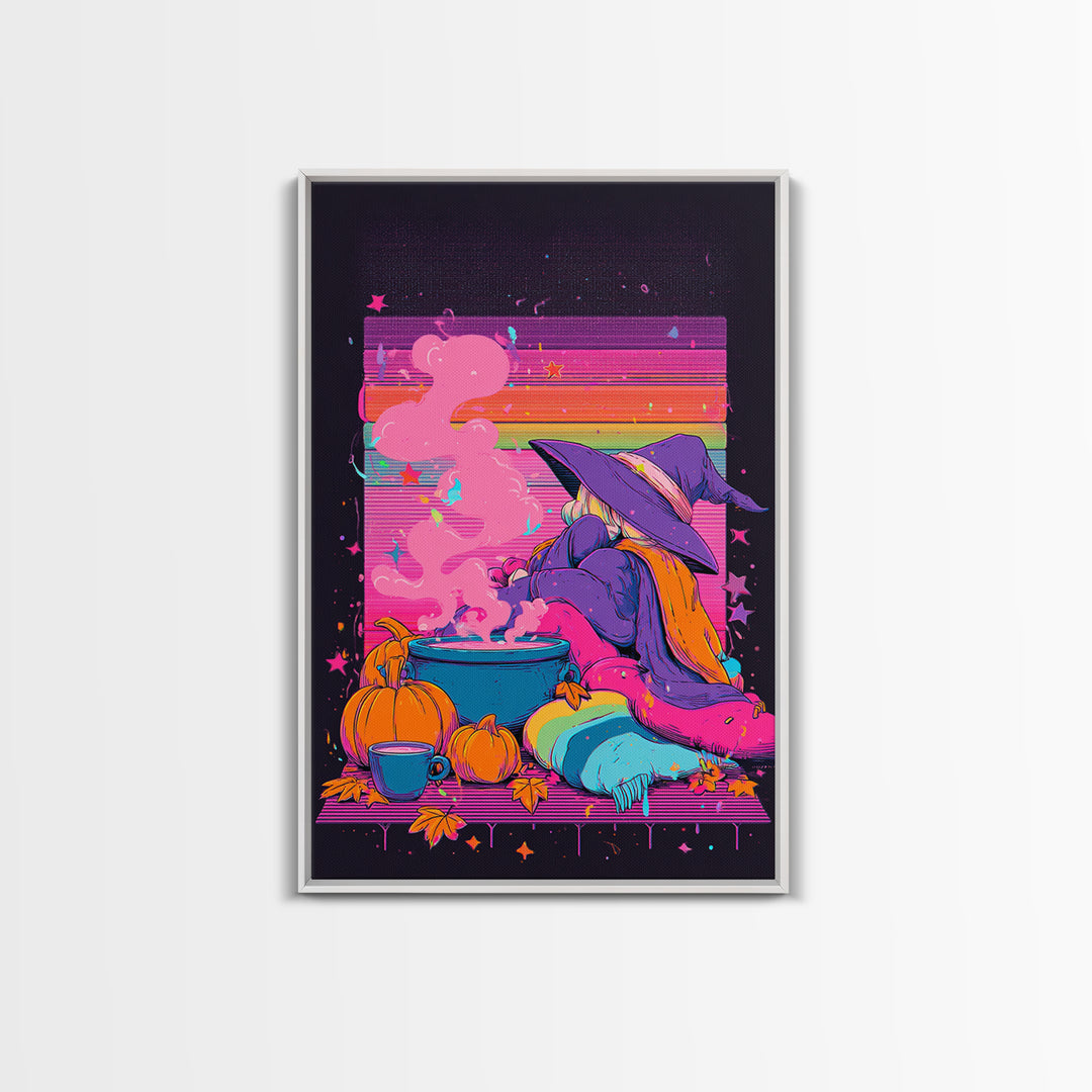 The Rainbow-Cauldron Witch, Vaporwave Halloween Decor, Vertical Wall Art, Canvas Print, Retro Halloween Decor, Neon Wall Art