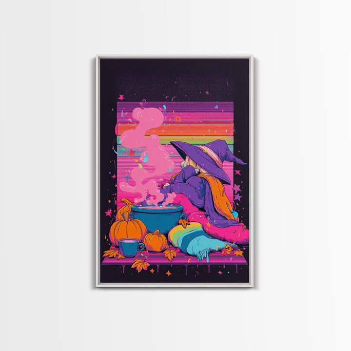 The Rainbow-Cauldron Witch, Vaporwave Halloween Decor, Vertical Wall Art, Canvas Print, Retro Halloween Decor, Neon Wall Art