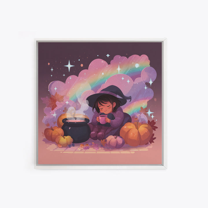 The Rainbow-Cauldron Witch, Vaporwave Halloween Decor, Square Wall Art, Framed Canvas Print, Retro Halloween Decor, Neon Wall Art
