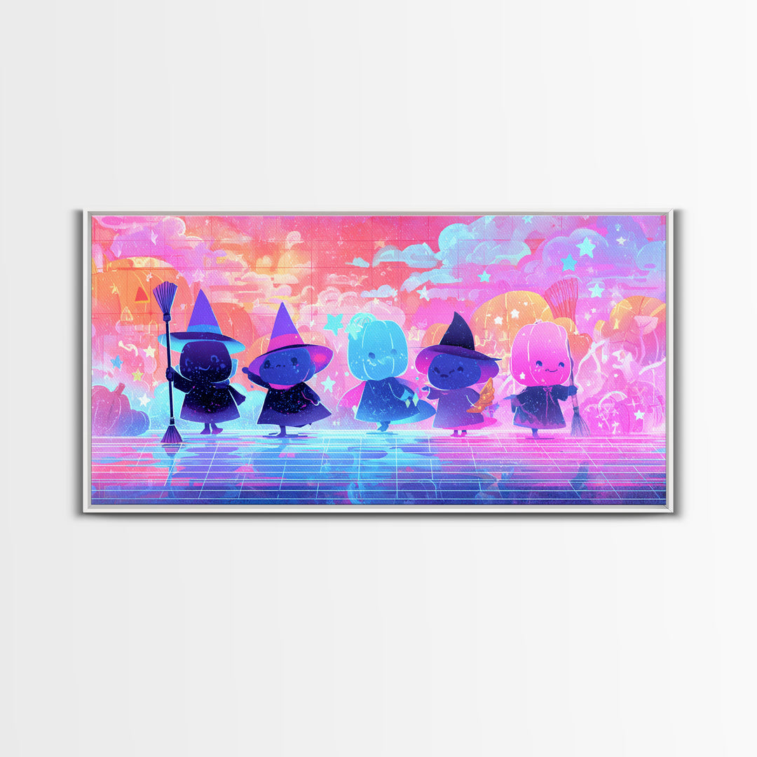 The Stardust Apprentice, Vaporwave Halloween Decor, Wide Panoramic Art, Canvas Print, Retro Halloween Decor, Neon Wall Art