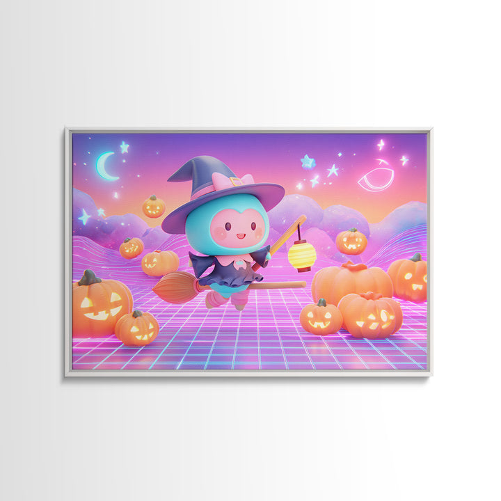 The Broomstick Riding Lesson, Synthwave Halloween Art, Landscape Wall Art, Canvas Print, Retro Halloween Decor, Neon Wall Art