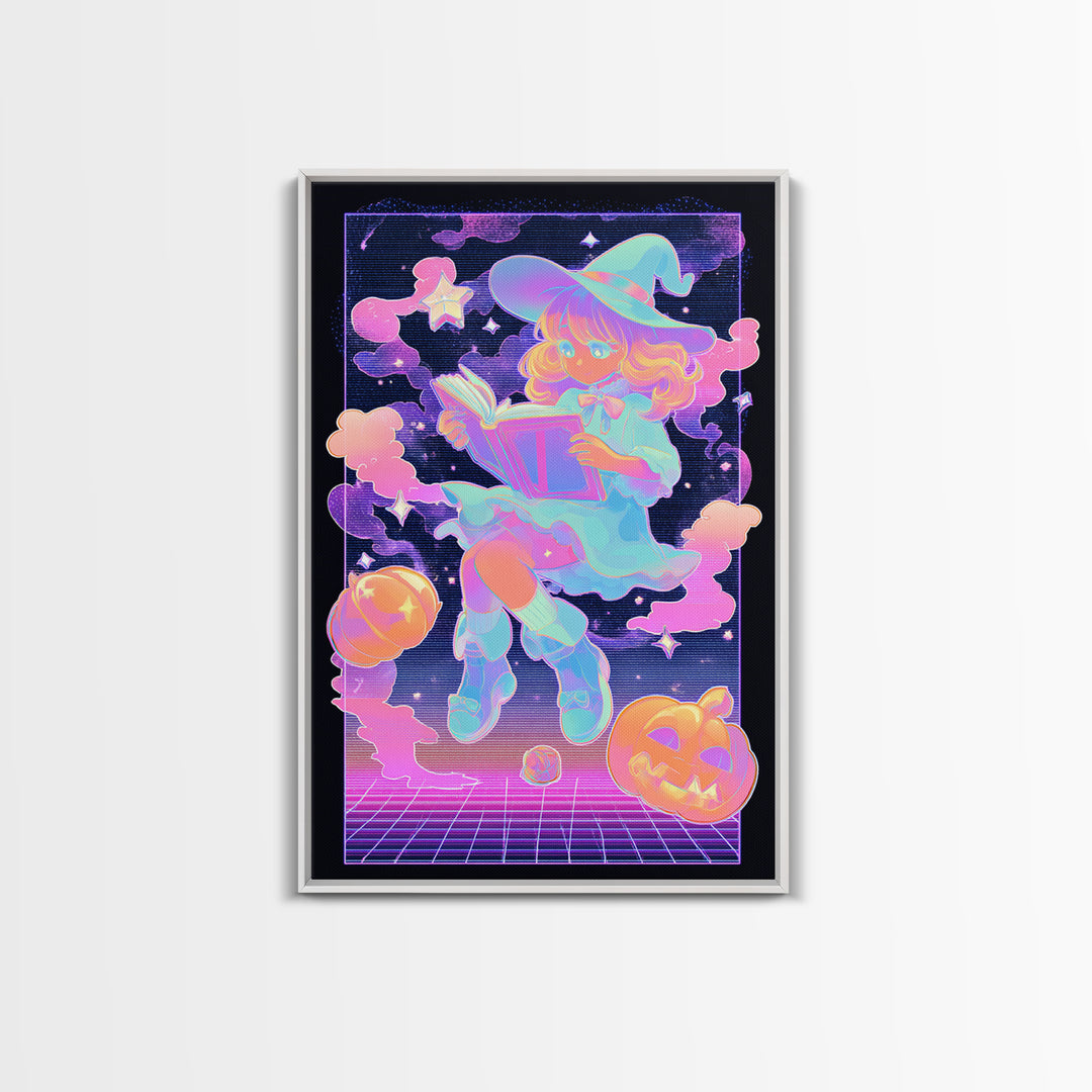 The Spellbook Sleepover, Synthwave Halloween Art, Vertical Wall Art, Canvas Print, Retro Halloween Decor, Neon Wall Art