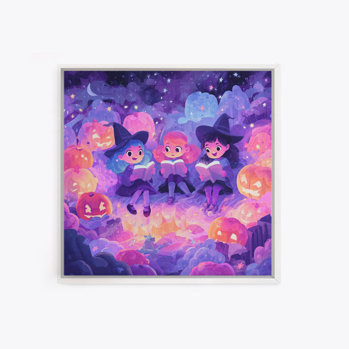The Spellbook Sleepover, Retro Neon Halloween Art, Square Wall Art, Canvas Print, Retro Halloween Decor, Neon Wall Art, Statement Wall Art