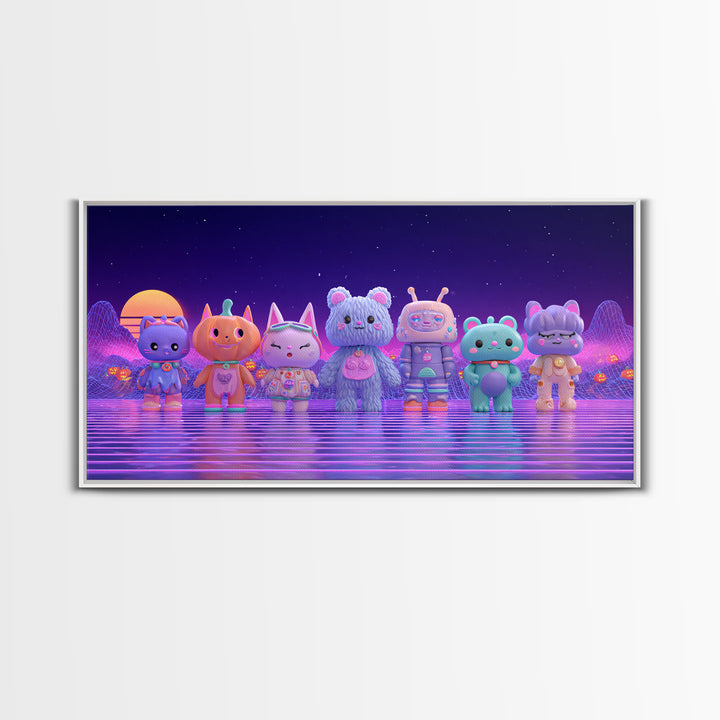 The Friendly Familiar Club, 80s Halloween Wall Art, Wide Panoramic Art, Canvas Print, Retro Halloween Decor, Neon Wall Art
