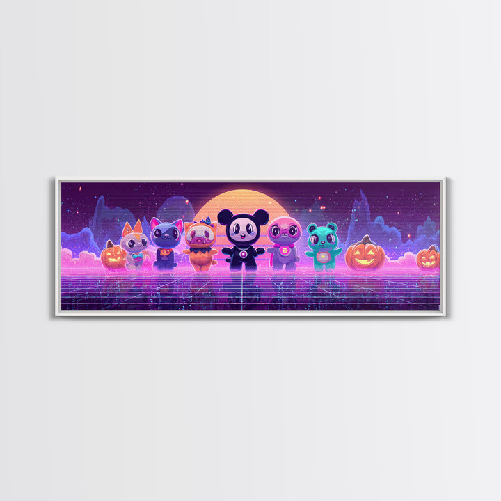 The Friendly Familiar Club, Cute Spooky Neon Art, Extra Wide Wall Art, Canvas Print, Retro Halloween Decor, Neon Wall Art