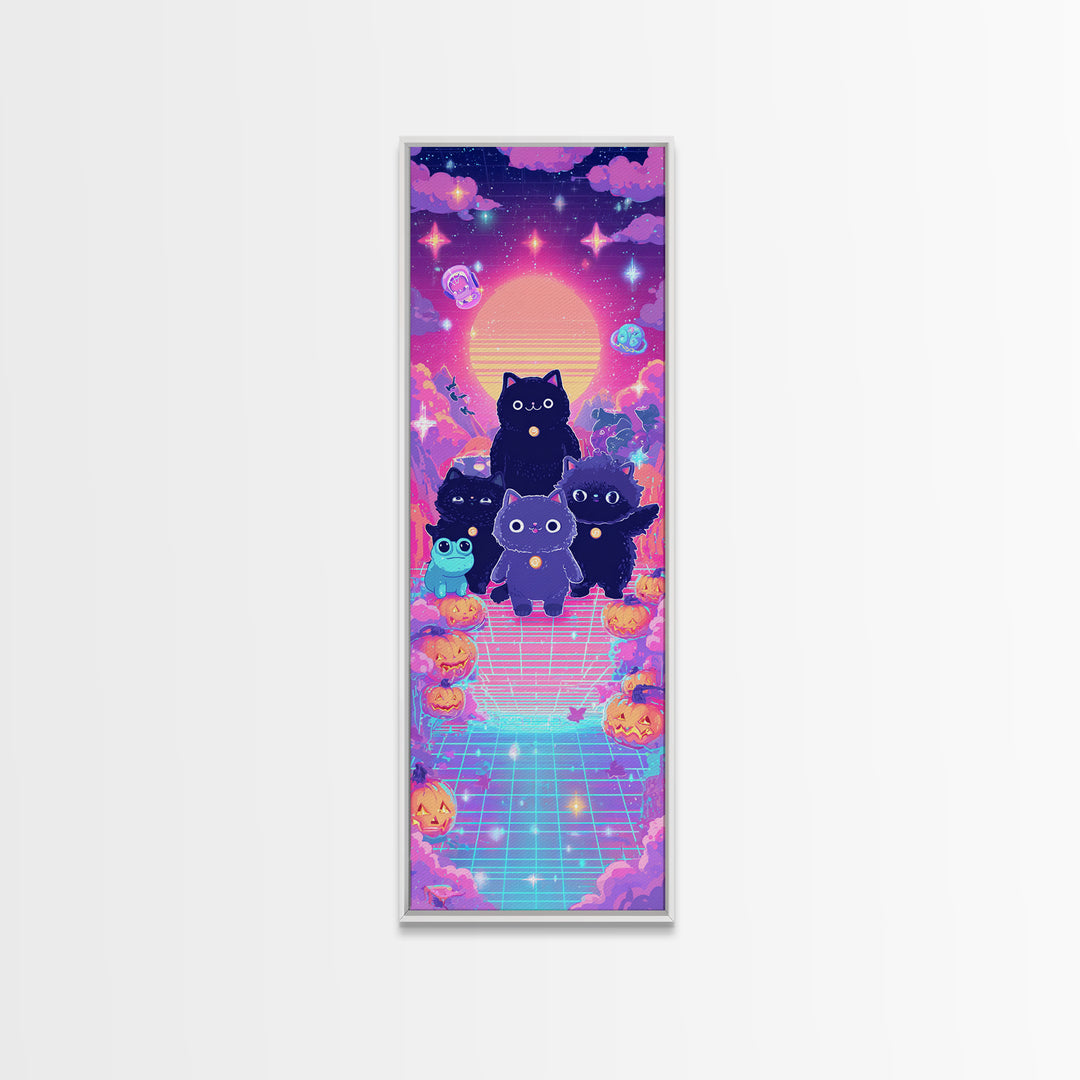 The Friendly Familiar Club, Vaporwave Halloween Decor, Tall Narrow Wall Art, Canvas Print, Retro Halloween Decor, Neon Wall Art