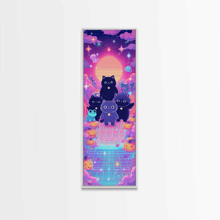The Friendly Familiar Club, Vaporwave Halloween Decor, Tall Narrow Wall Art, Canvas Print, Retro Halloween Decor, Neon Wall Art
