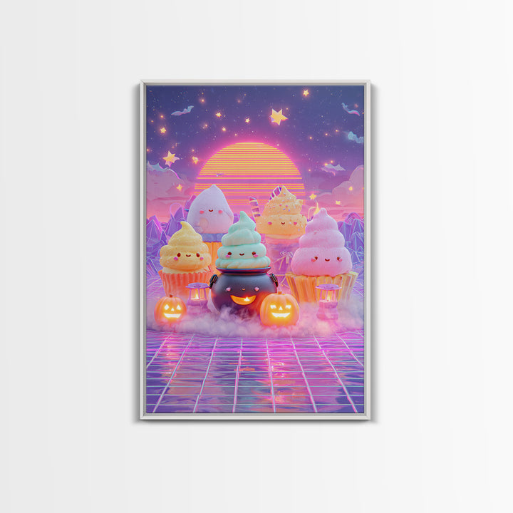 The Cupcake Cauldron Class, Vaporwave Halloween Decor, Vertical Wall Art, Canvas Print, Retro Halloween Decor, Neon Wall Art