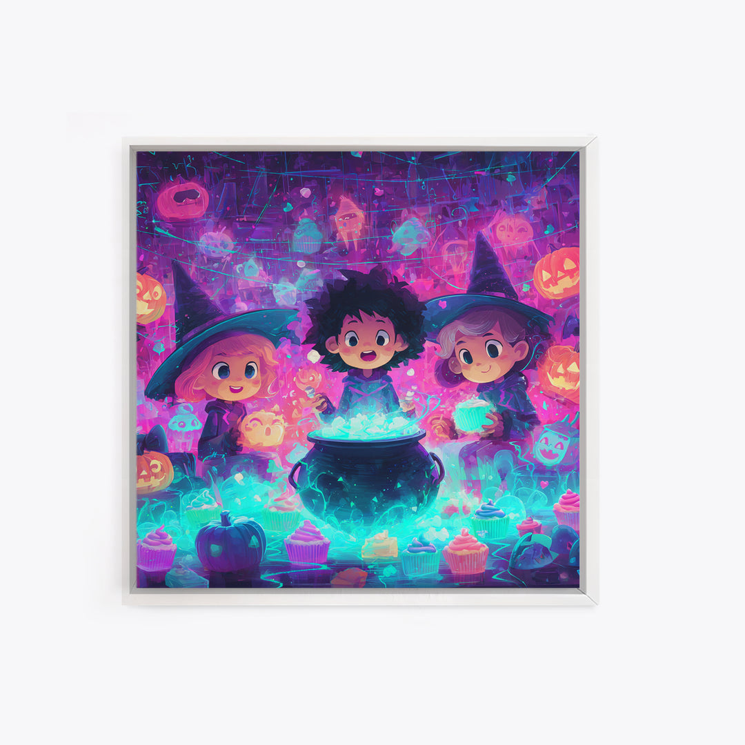 The Cupcake Cauldron Class, 80s Halloween Wall Art, Square Wall Art, Framed Canvas Print, Retro Halloween Decor, Neon Wall Art