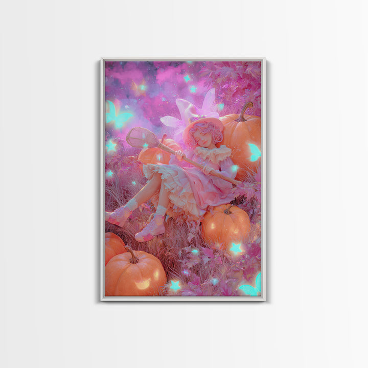 The Cloud-Catching Wizard, Retro Neon Halloween Art, Vertical Wall Art, Canvas Print, Retro Halloween Decor, Neon Wall Art