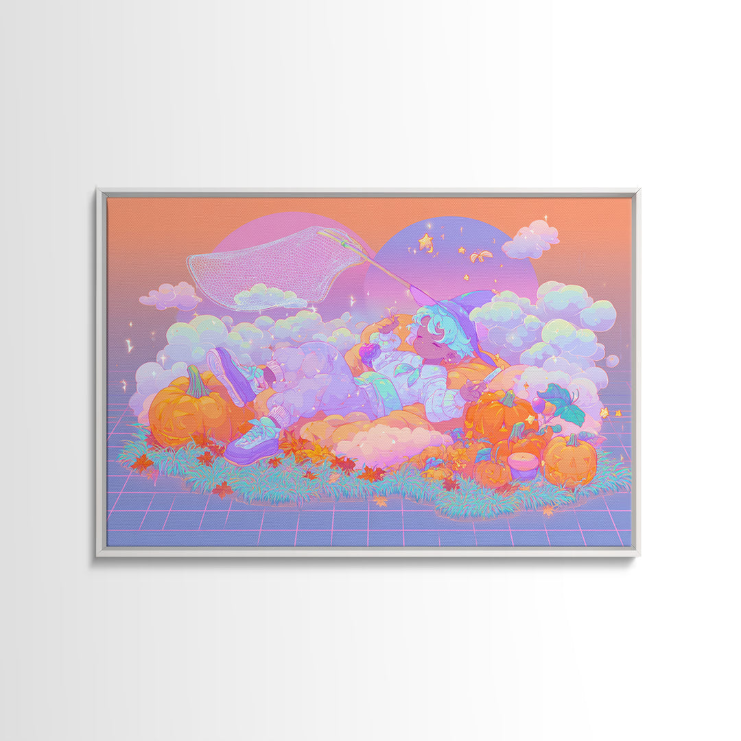 The Cloud-Catching Wizard, Cute Spooky Neon Art, Landscape Wall Art, Canvas Print, Retro Halloween Decor, Neon Wall Art