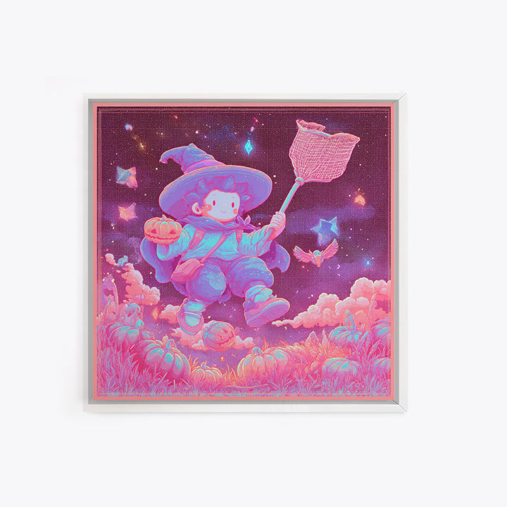 The Cloud-Catching Wizard, Retro Neon Halloween Art, Square Wall Art, Canvas Print, Retro Halloween Decor, Neon Wall Art, Horror Wall Art