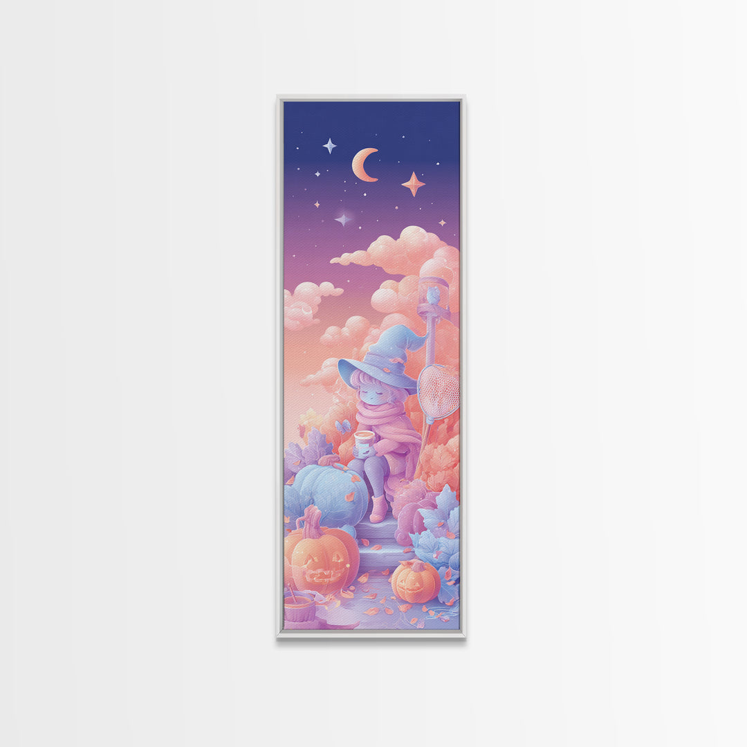 The Cloud-Catching Wizard, 80s Halloween Wall Art, Tall Narrow Wall Art, Framed Canvas Print, Retro Halloween Decor, Neon Wall Art