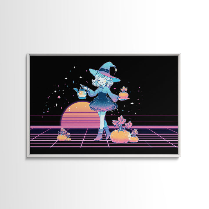 The Moon Garden Witch, Cute Spooky Neon Art, Landscape Wall Art, Canvas Print, Retro Halloween Decor, Neon Wall Art, Horror Wall Art