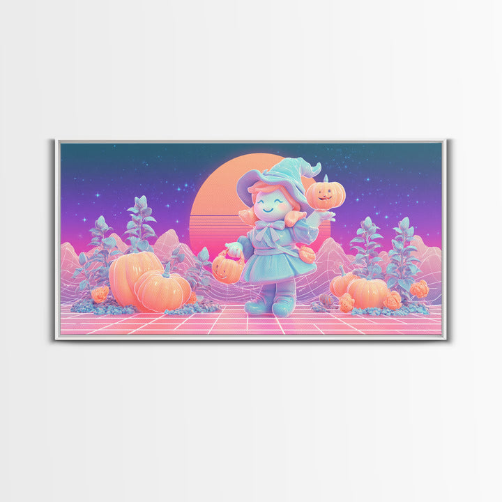 The Moon Garden Witch, Synthwave Halloween Art, Wide Panoramic Art, Framed Canvas Print, Retro Halloween Decor, Neon Wall Art