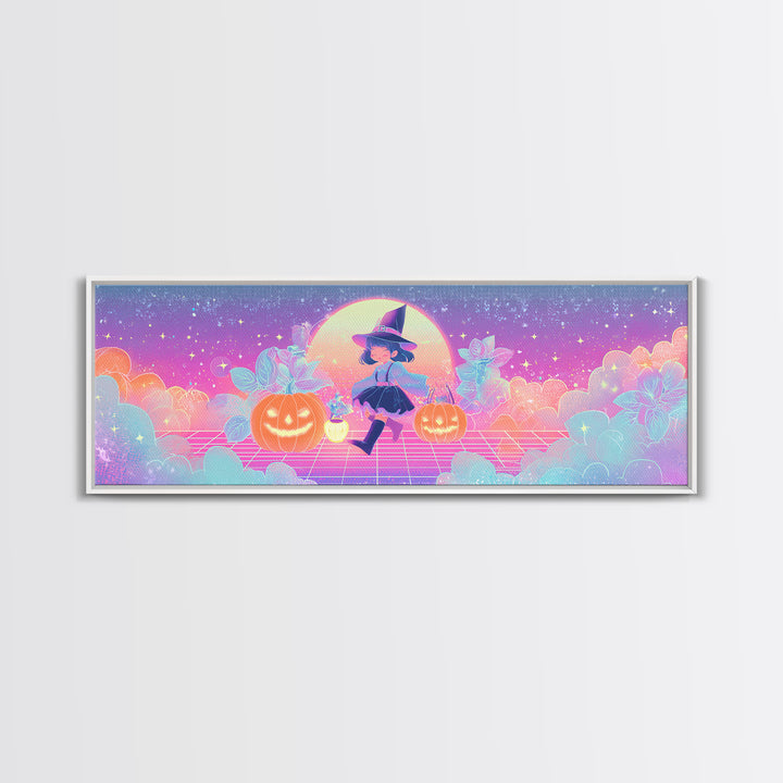 The Moon Garden Witch, 80s Halloween Wall Art, Extra Wide Wall Art, Framed Canvas Print, Retro Halloween Decor, Neon Wall Art