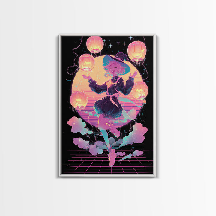 The Lantern-Light Wizard, Cute Spooky Neon Art, Vertical Wall Art, Framed Canvas Print, Retro Halloween Decor, Neon Wall Art