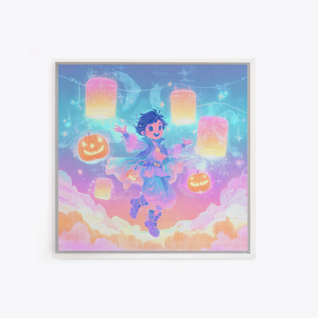 The Lantern-Light Wizard, Synthwave Halloween Art, Square Wall Art, Framed Canvas Print, Retro Halloween Decor, Neon Wall Art