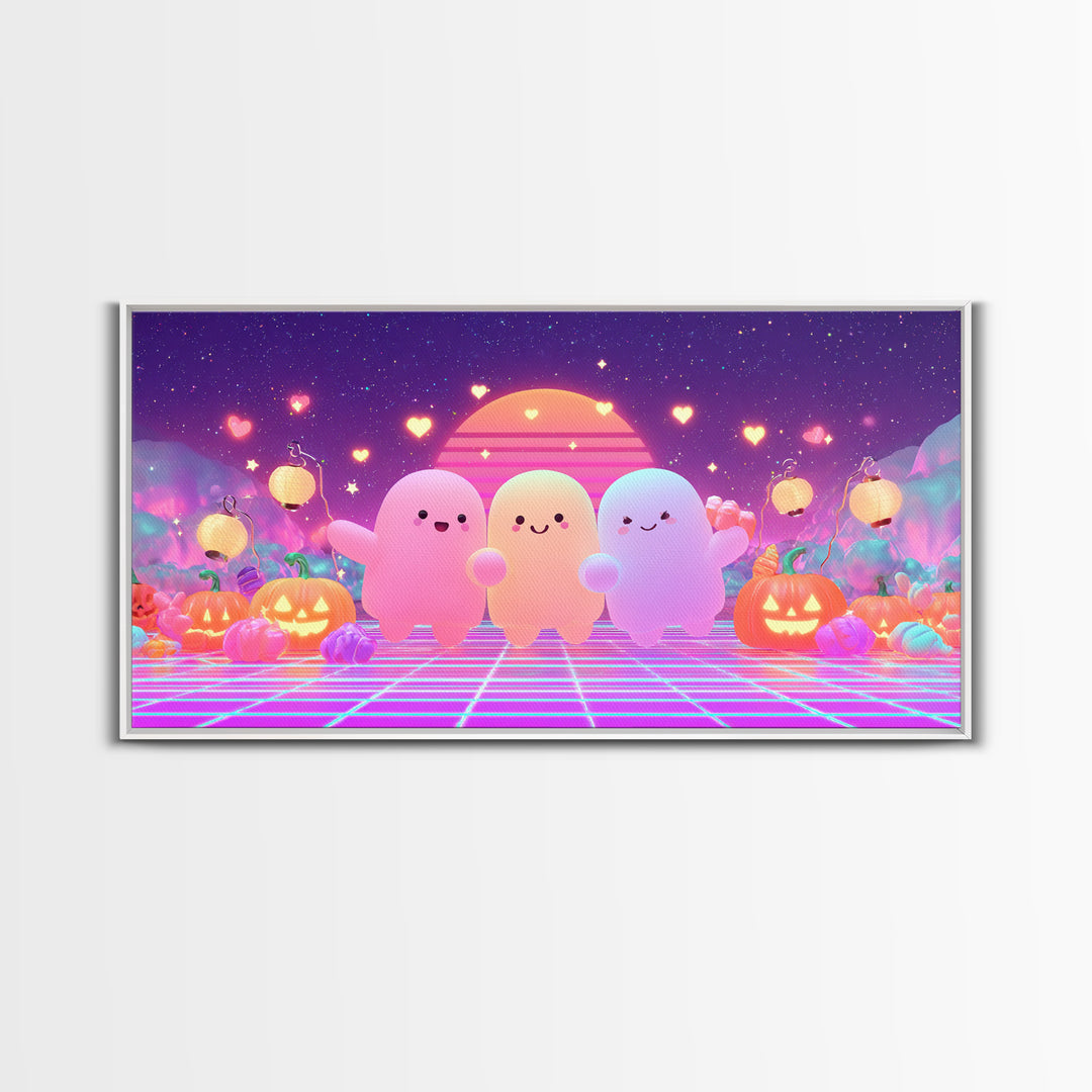 The Halloween Friendship Spell, 80s Halloween Wall Art, Wide Panoramic Art, Canvas Print, Retro Halloween Decor, Neon Wall Art