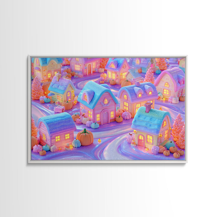 Candy Corn Village, 80s Halloween Wall Art, Landscape Wall Art, Framed Canvas Print, Retro Halloween Decor, Neon Wall Art, Spooky Wall Decor