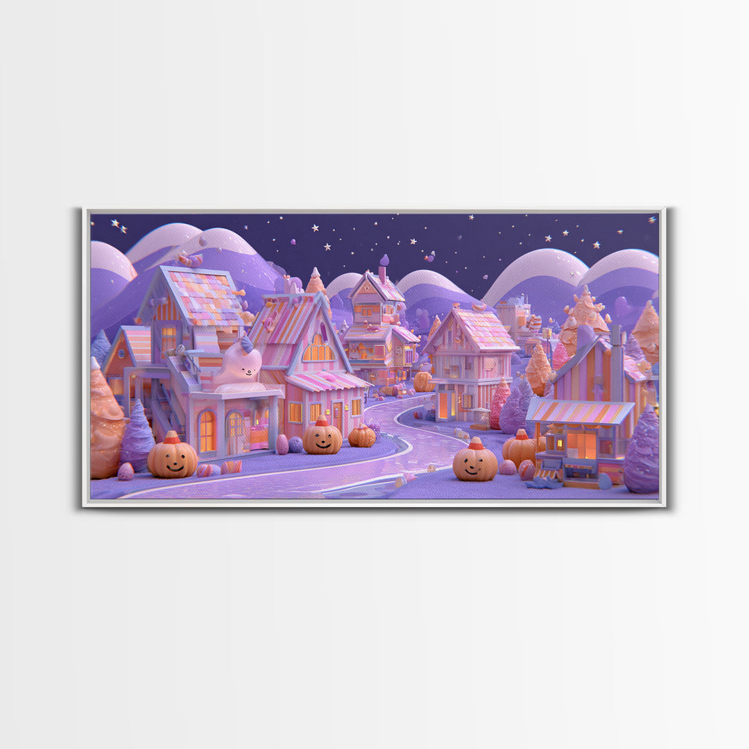 Candy Corn Village, 80s Halloween Wall Art, Wide Panoramic Art, Framed Canvas Print, Retro Halloween Decor, Neon Wall Art