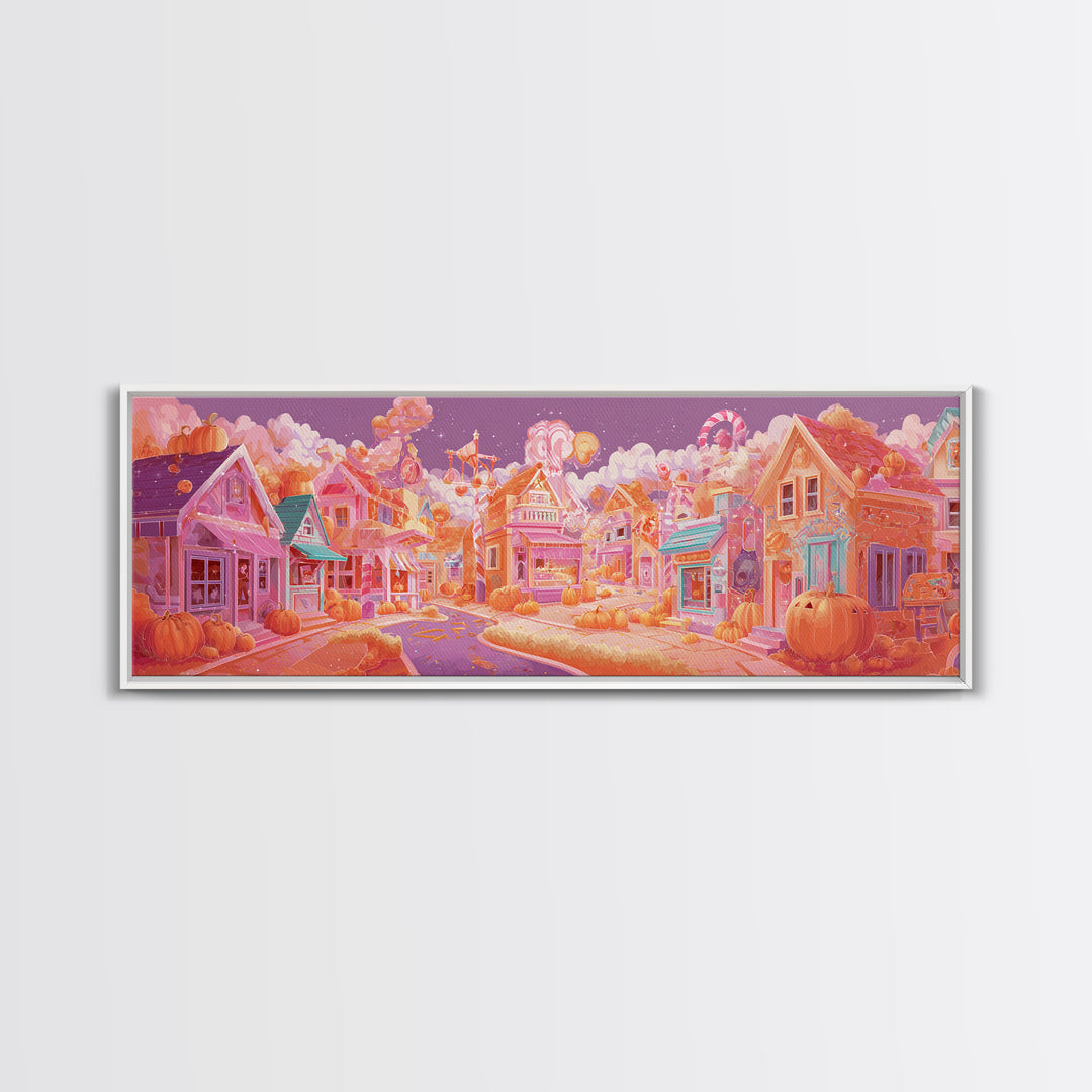 Candy Corn Village, Retro Neon Halloween Art, Extra Wide Wall Art, Canvas Print, Retro Halloween Decor, Neon Wall Art, Statement Wall Art