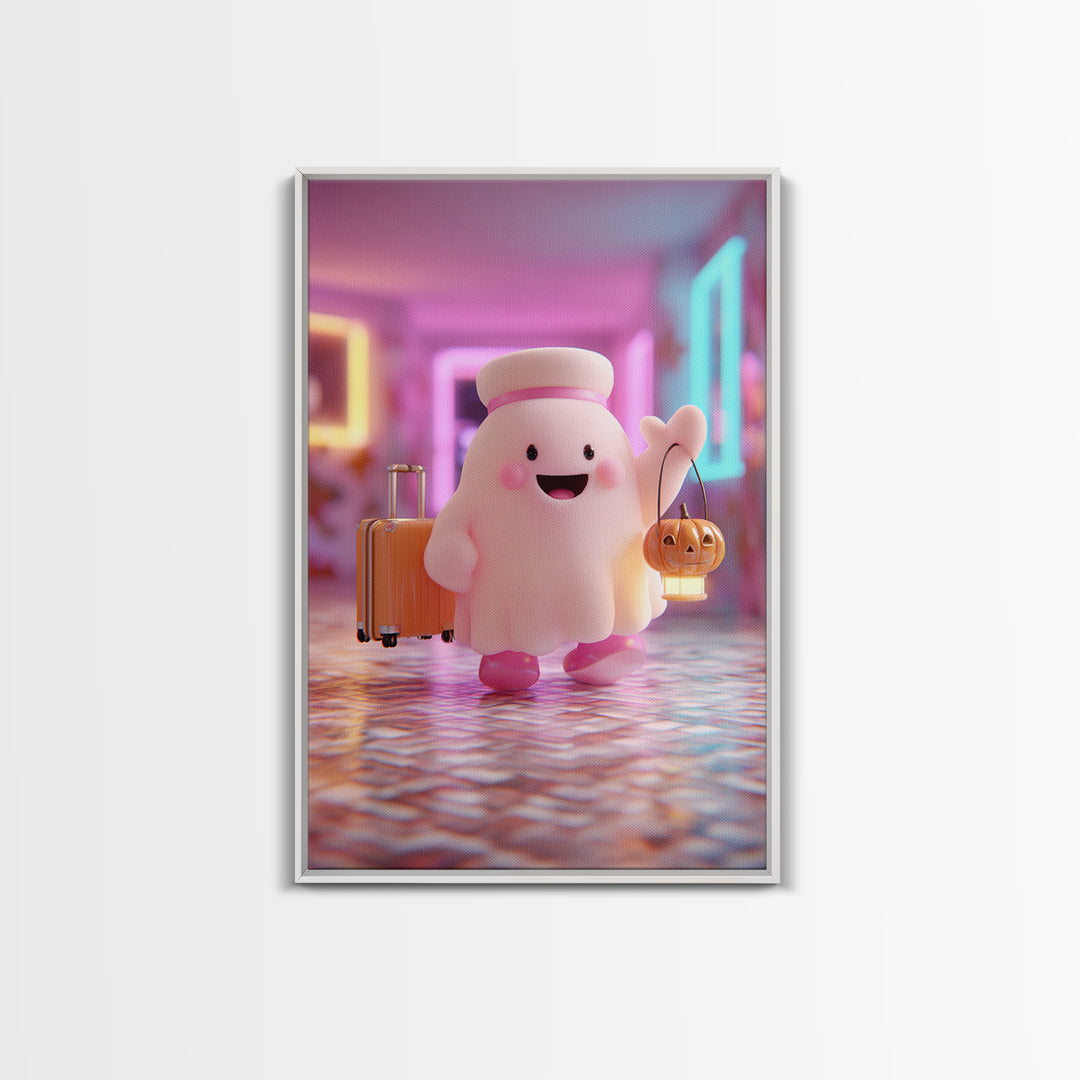 The Friendly Ghost Hotel, Retro Neon Halloween Art, Vertical Wall Art, Canvas Print, Retro Halloween Decor, Neon Wall Art, Horror Wall Art