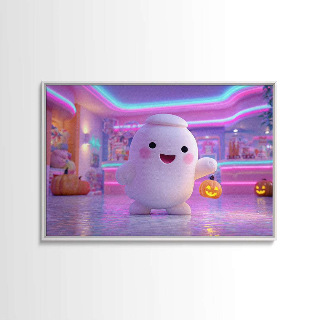 The Friendly Ghost Hotel, Cute Spooky Neon Art, Landscape Wall Art, Canvas Print, Retro Halloween Decor, Neon Wall Art, Macabre Wall Art