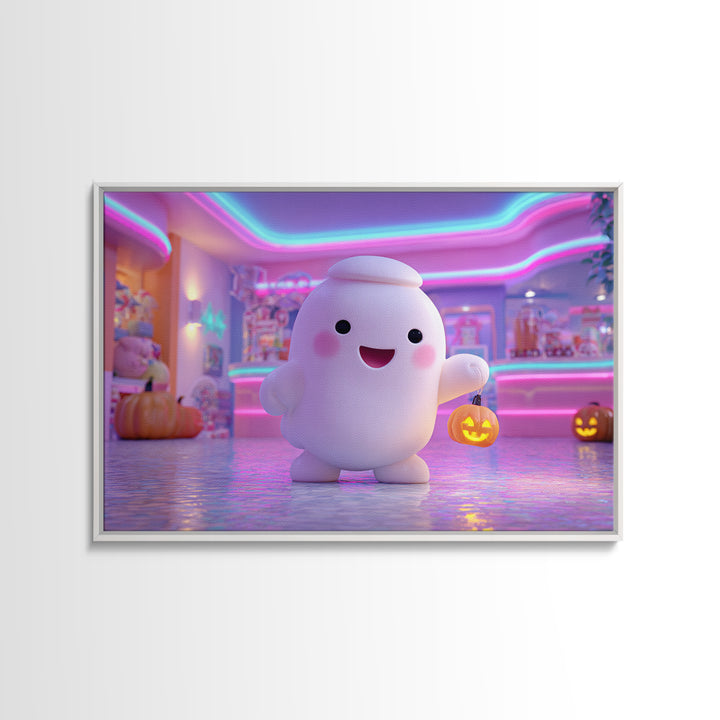 The Friendly Ghost Hotel, Cute Spooky Neon Art, Landscape Wall Art, Canvas Print, Retro Halloween Decor, Neon Wall Art, Macabre Wall Art