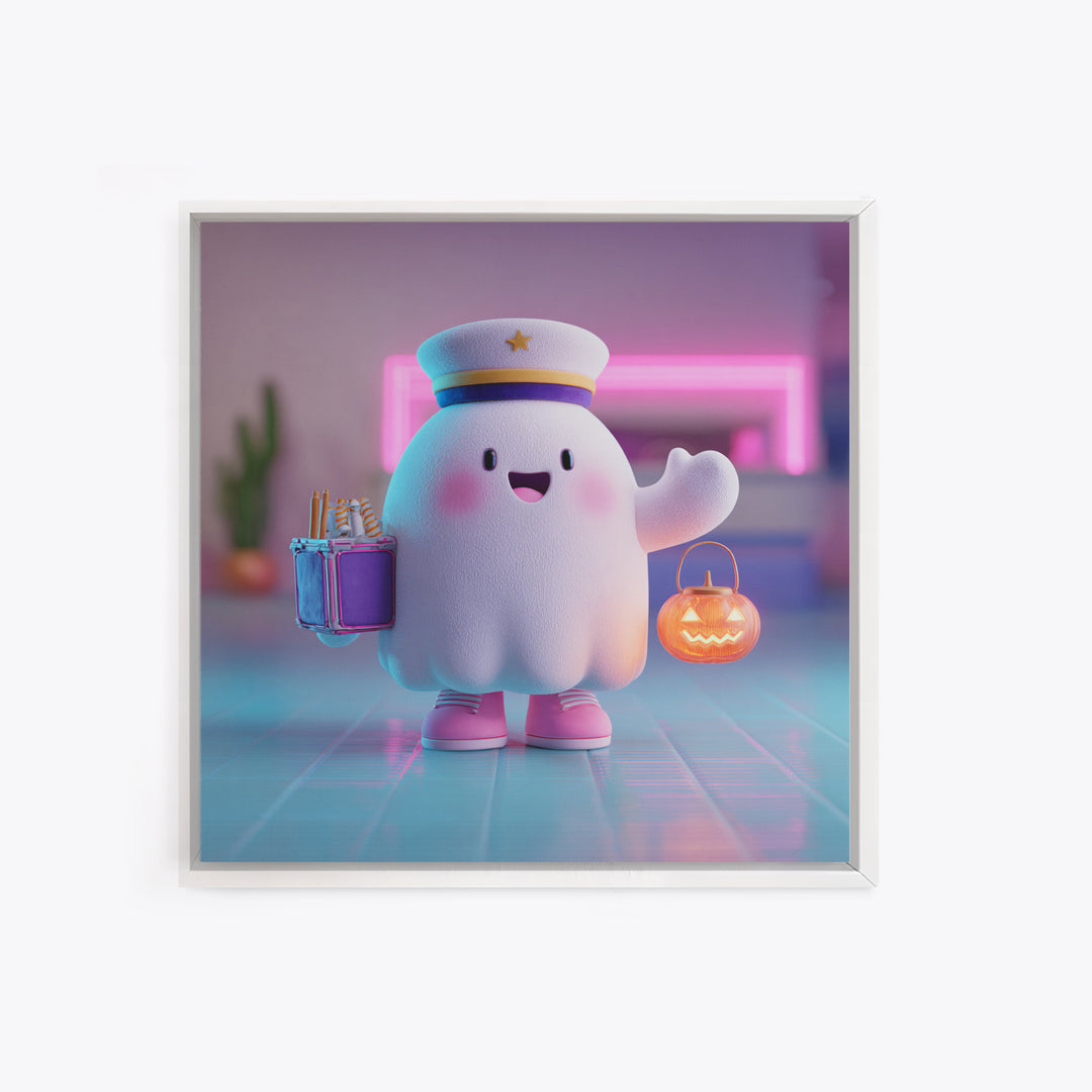 The Friendly Ghost Hotel, 80s Halloween Wall Art, Square Wall Art, Canvas Print, Retro Halloween Decor, Neon Wall Art, Horror Wall Art