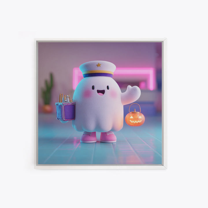 The Friendly Ghost Hotel, 80s Halloween Wall Art, Square Wall Art, Canvas Print, Retro Halloween Decor, Neon Wall Art, Horror Wall Art