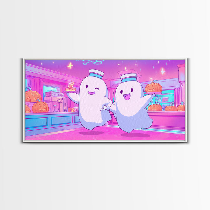 The Friendly Ghost Hotel, Cute Spooky Neon Art, Wide Panoramic Art, Framed Canvas Print, Retro Halloween Decor, Neon Wall Art