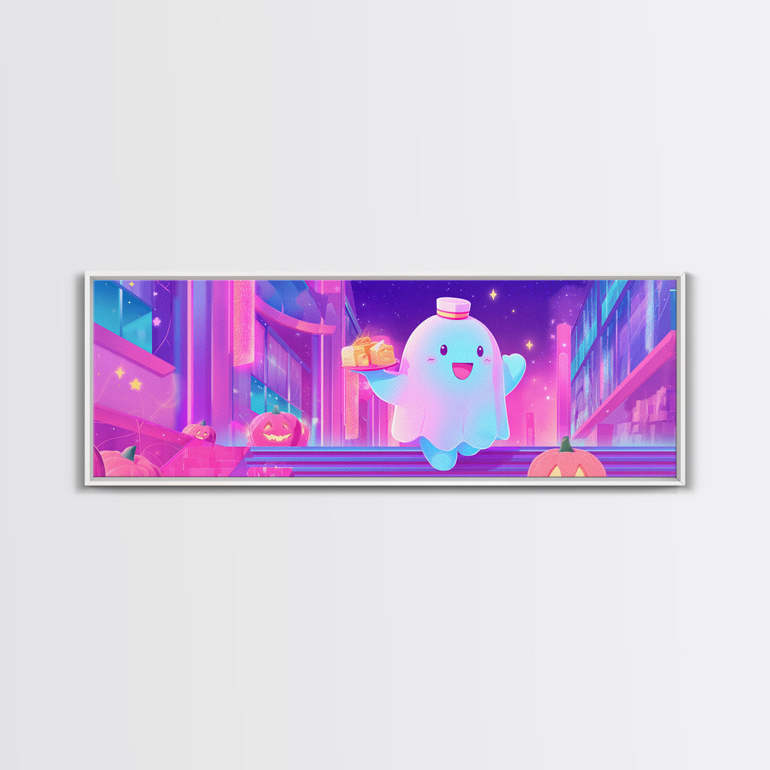 The Friendly Ghost Hotel, Cute Spooky Neon Art, Extra Wide Wall Art, Canvas Print, Retro Halloween Decor, Neon Wall Art, Dark Fantasy Art