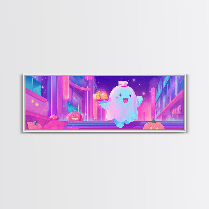 The Friendly Ghost Hotel, Cute Spooky Neon Art, Extra Wide Wall Art, Canvas Print, Retro Halloween Decor, Neon Wall Art, Dark Fantasy Art