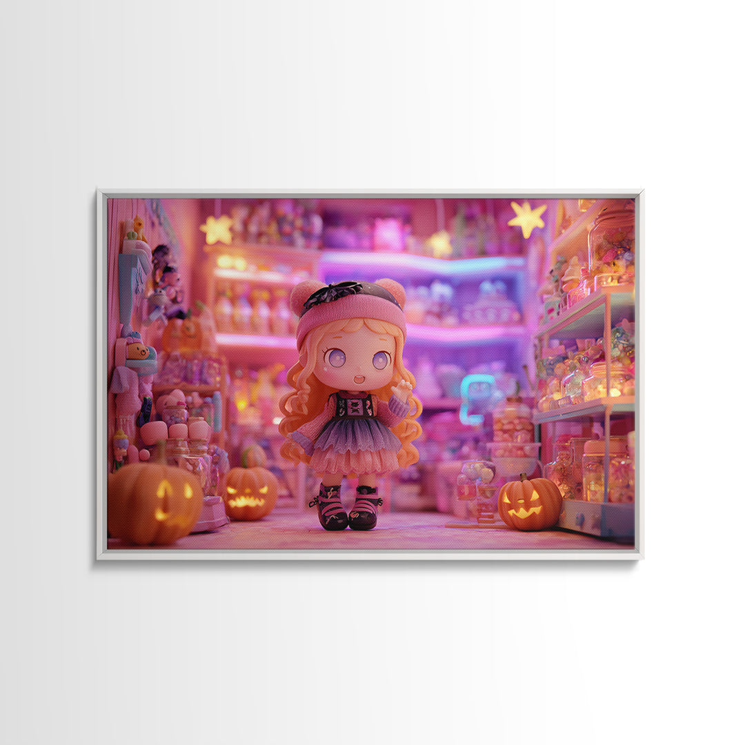 The Moonlight Toy Shop, 80s Halloween Wall Art, Landscape Wall Art, Canvas Print, Retro Halloween Decor, Neon Wall Art, Macabre Wall Art