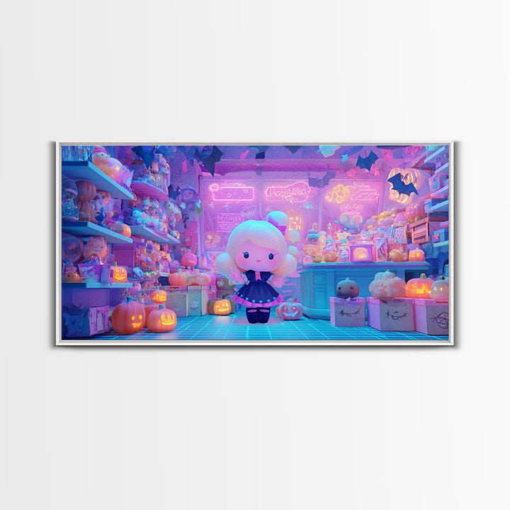 The Moonlight Toy Shop, Vaporwave Halloween Decor, Wide Panoramic Art, Canvas Print, Retro Halloween Decor, Neon Wall Art