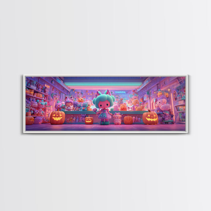 The Moonlight Toy Shop, Cute Spooky Neon Art, Extra Wide Wall Art, Canvas Print, Retro Halloween Decor, Neon Wall Art, Statement Wall Art