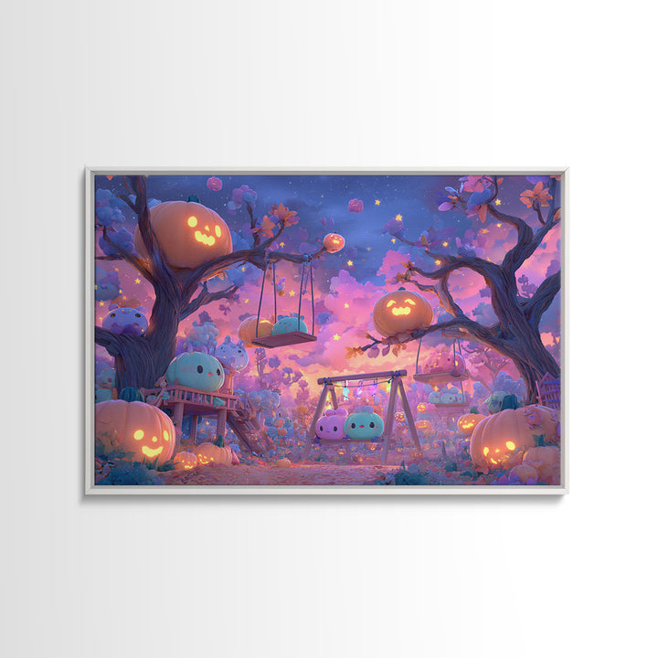 The Pumpkin Patch Playground, Synthwave Halloween Art, Landscape Wall Art, Canvas Print, Retro Halloween Decor, Neon Wall Art