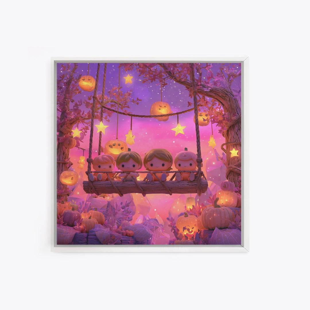 The Pumpkin Patch Playground, Retro Neon Halloween Art, Square Wall Art, Canvas Print, Retro Halloween Decor, Neon Wall Art