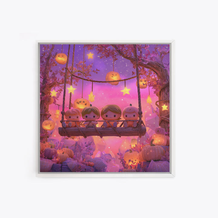 The Pumpkin Patch Playground, Retro Neon Halloween Art, Square Wall Art, Canvas Print, Retro Halloween Decor, Neon Wall Art