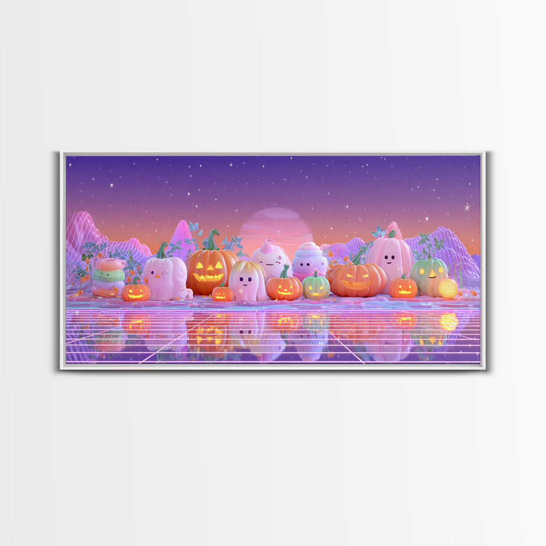 The Pumpkin Patch Playground, Vaporwave Halloween Decor, Wide Panoramic Art, Framed Canvas Print, Retro Halloween Decor, Neon Wall Art
