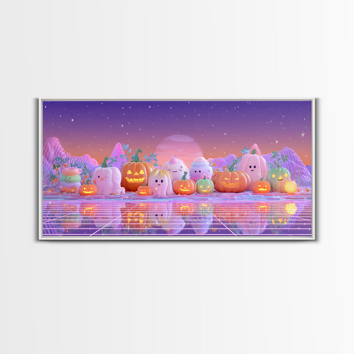 The Pumpkin Patch Playground, Vaporwave Halloween Decor, Wide Panoramic Art, Framed Canvas Print, Retro Halloween Decor, Neon Wall Art