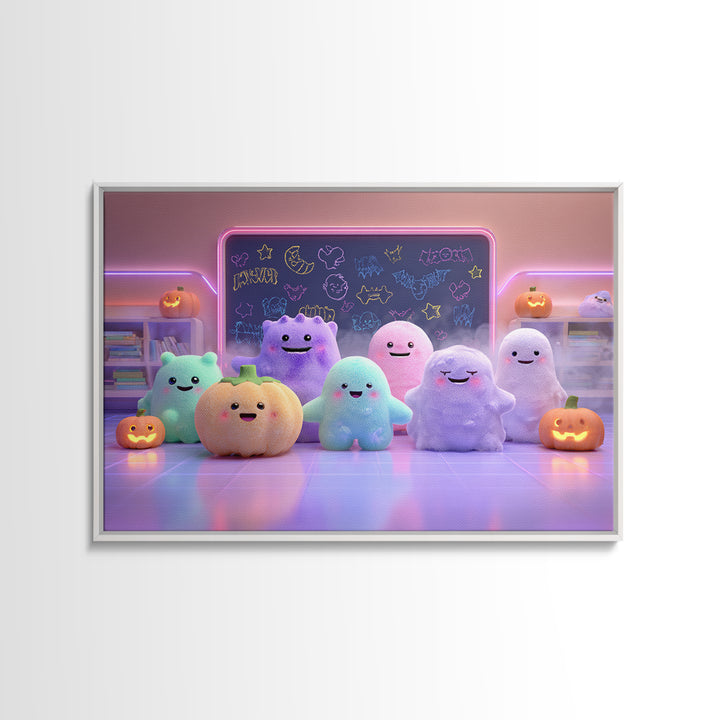 The Little Monster School, Cute Spooky Neon Art, Landscape Wall Art, Framed Canvas Print, Retro Halloween Decor, Neon Wall Art