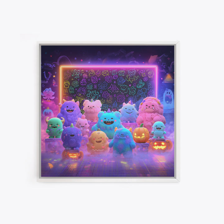 The Little Monster School, Synthwave Halloween Art, Square Wall Art, Canvas Print, Retro Halloween Decor, Neon Wall Art, Seasonal Home Decor