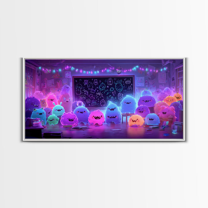 The Little Monster School, Vaporwave Halloween Decor, Wide Panoramic Art, Canvas Print, Retro Halloween Decor, Neon Wall Art